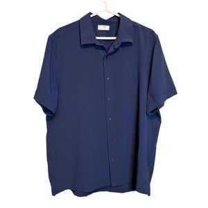 Penguin Sport Mens XL Navy Blue Ribbed Short Sleeve Button Down Camp Shirt